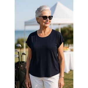 Chico's Scoop neck Navy Blue Classic Short Sleeve Top, Size 1 Medium by Chico's